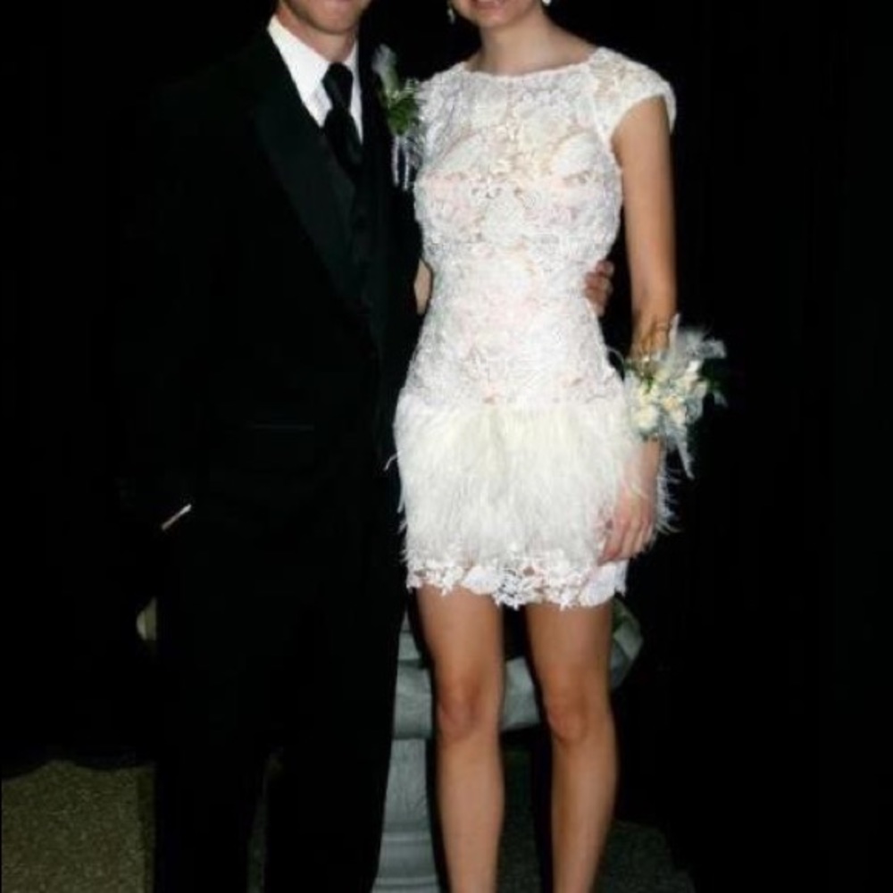 Jovani white lace prom dress with feathers